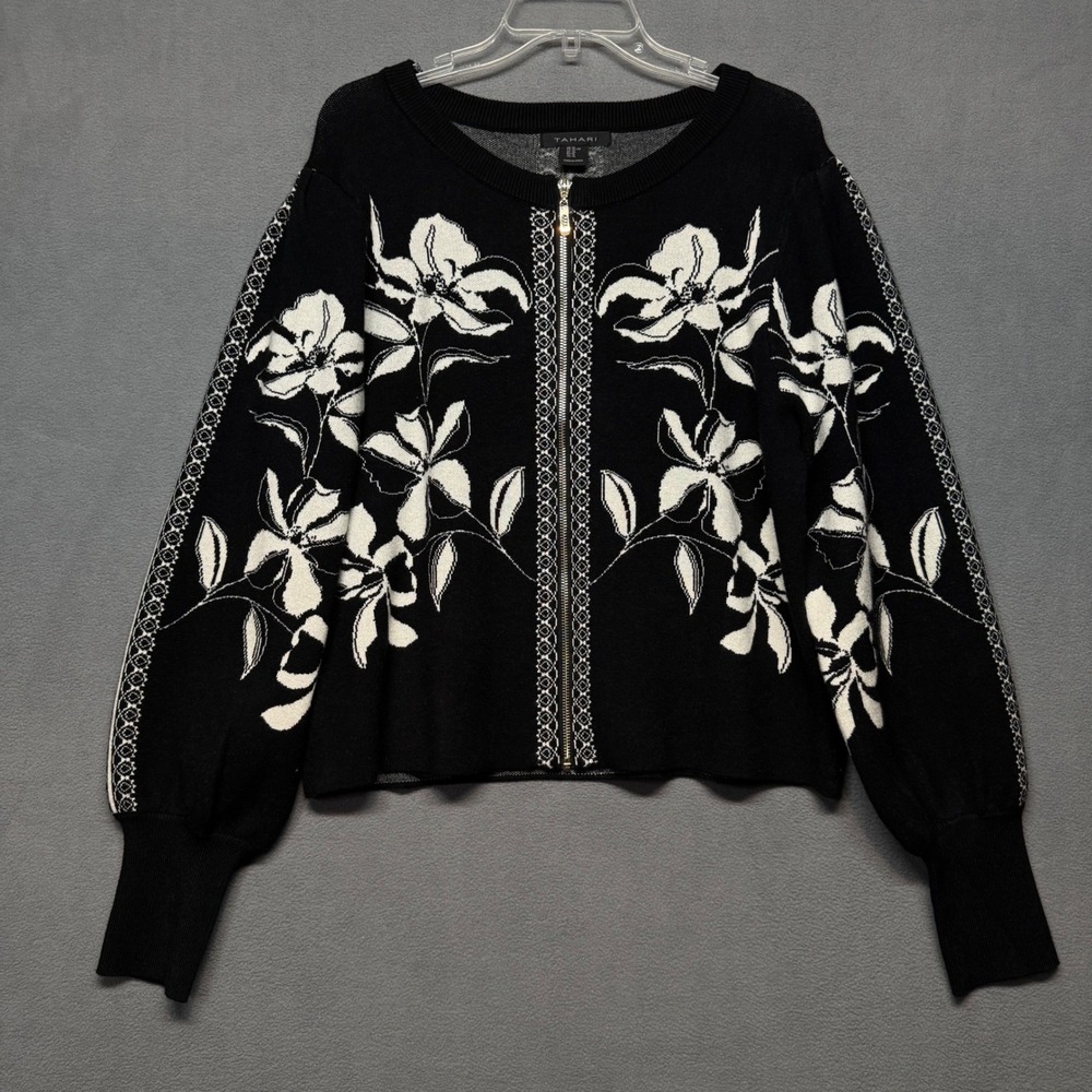Tahari Floral Full Zip Cardigan Sweater XL Black White Knit Long Sleeve Boho
